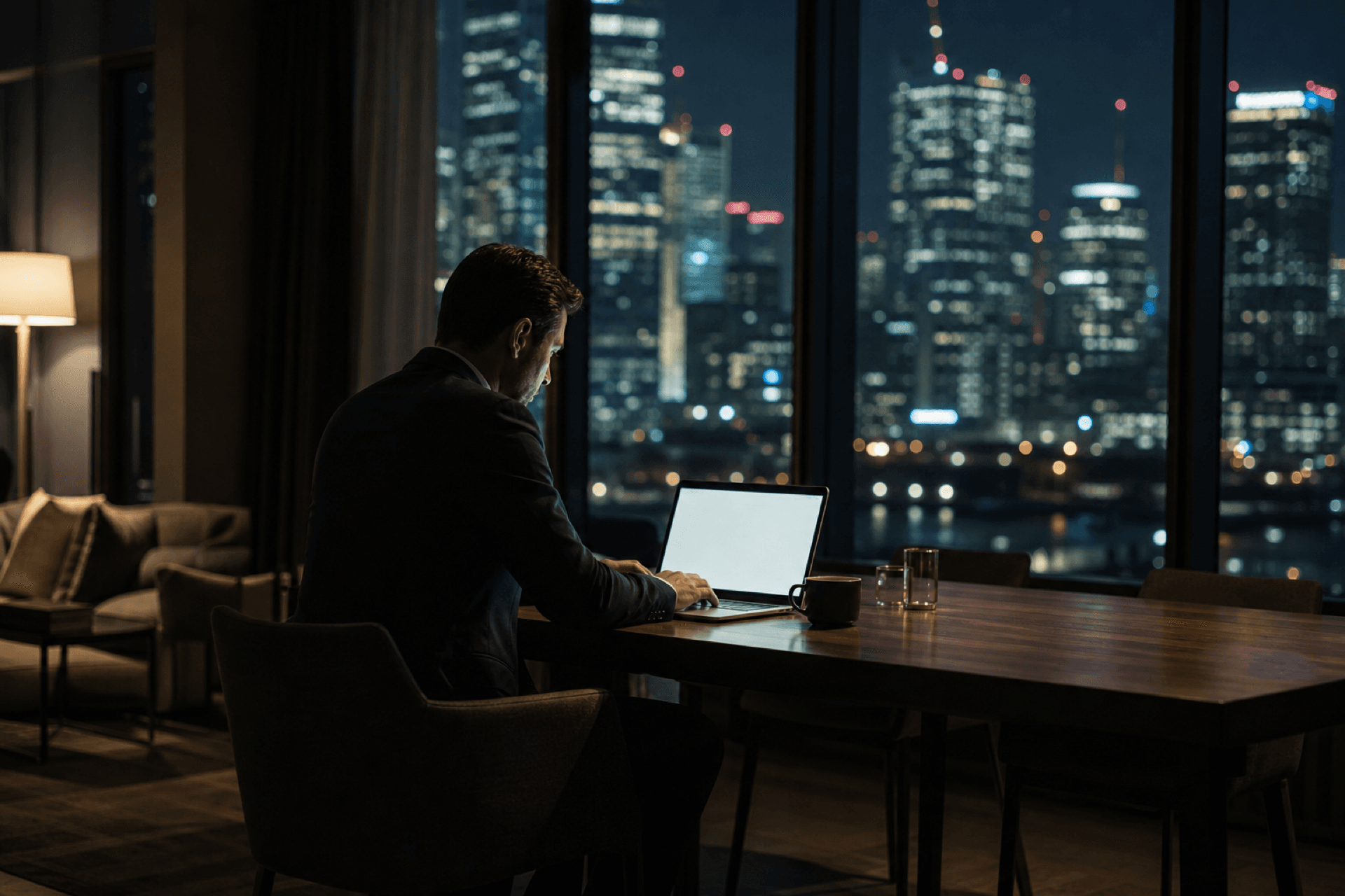 Professional working in a modern high-rise suite