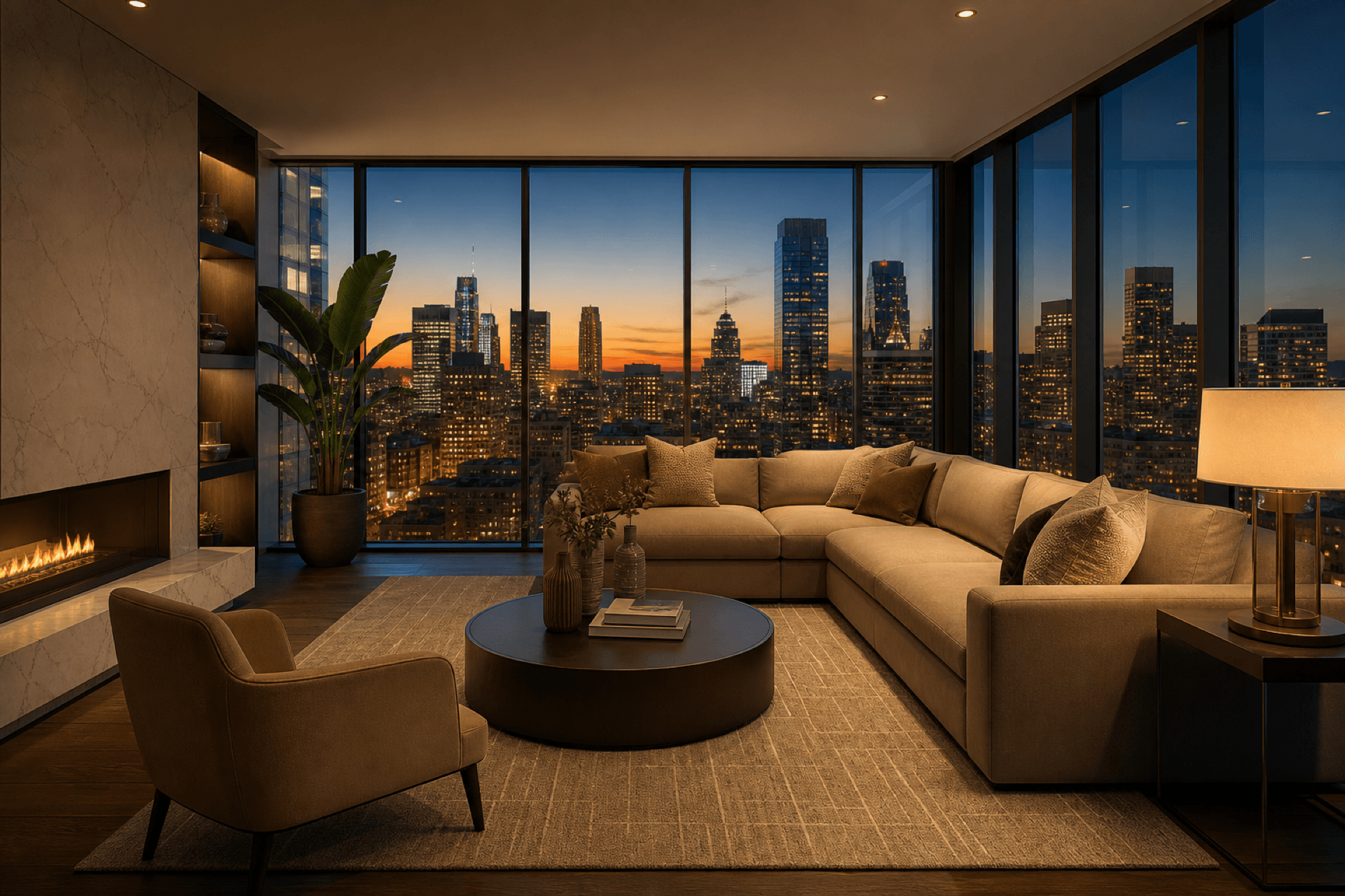 Luxury furnished living room with city skyline view