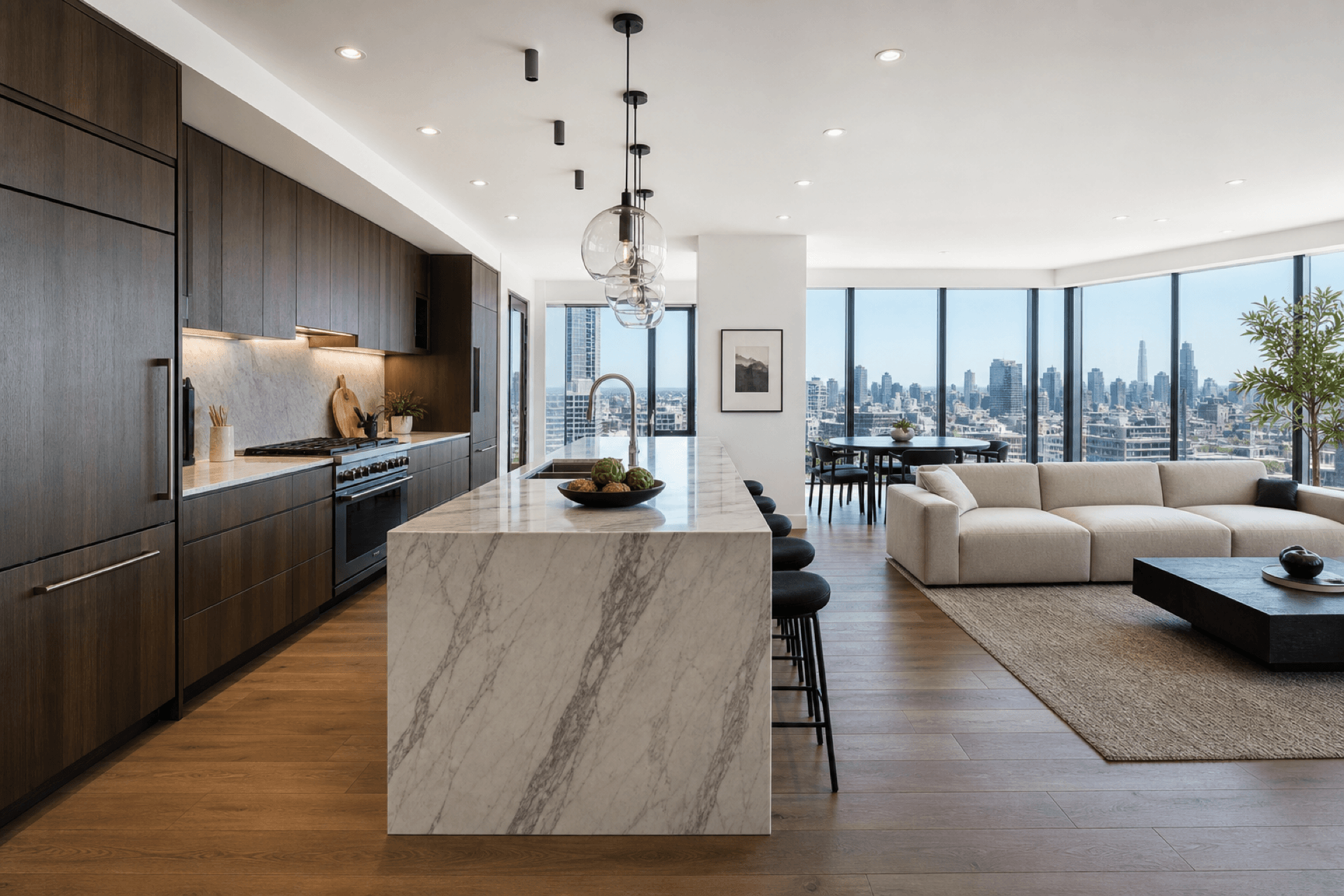 Modern kitchen and dining area overlooking the city